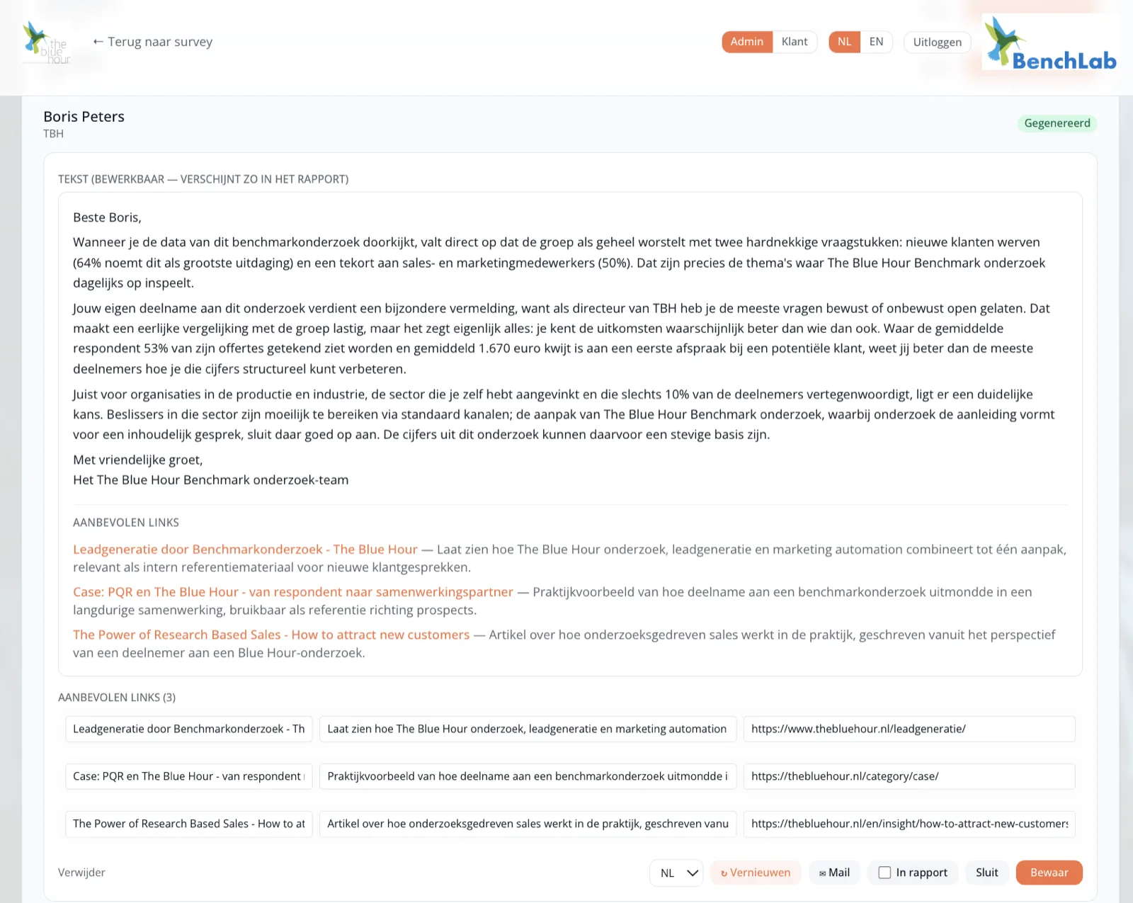 Customer card per respondent